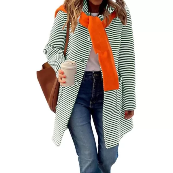 imagechouyatou Womens Color Block Striped Hooded Cardigan Sweaters Button Down Long Coatigan Jackets with PocketsGreen