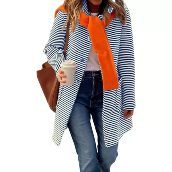 imagechouyatou Womens Color Block Striped Hooded Cardigan Sweaters Button Down Long Coatigan Jackets with PocketsNavy Blue