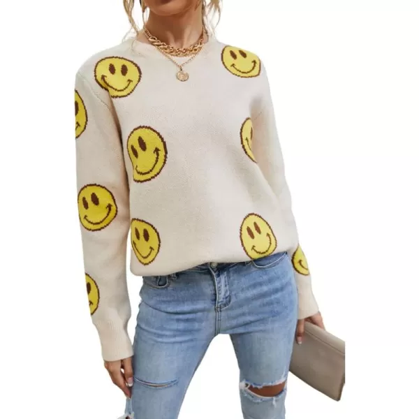 imagechouyatou Womens Cute Smile Face Jacquard Knitted Sweater Loose Fit Crewneck Pullover Jumper TopsApricot