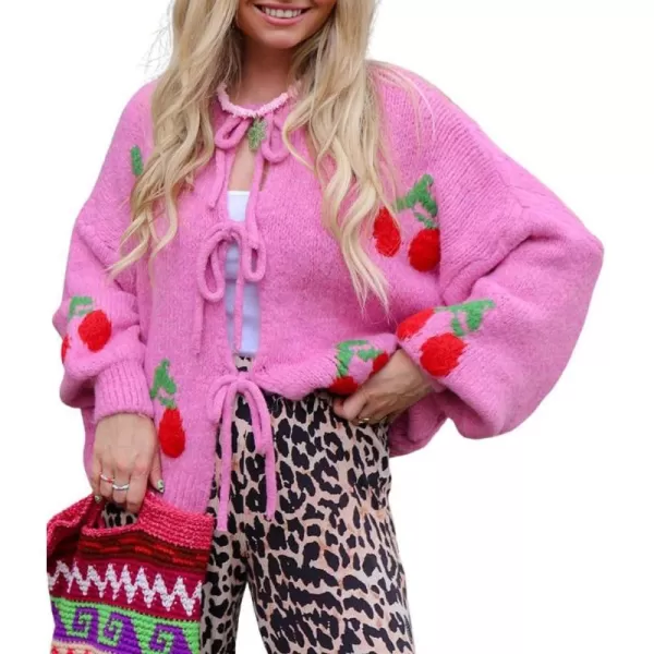 imagechouyatou Womens Cute Y2K Cherry Tie Knot Cardigan Casual Loose Crewneck Chunky Knit Sweater CardiganRose Pink