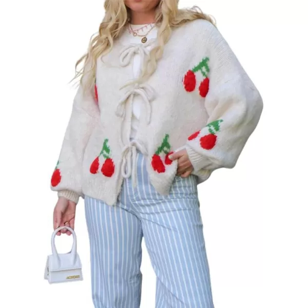 imagechouyatou Womens Cute Y2K Cherry Tie Knot Cardigan Casual Loose Crewneck Chunky Knit Sweater CardiganWhite
