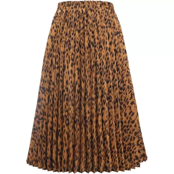 imagechouyatou Womens Elastic Waist Leopard Print ALine Pleated Swing Midi Length Full SkirtBrownleopard