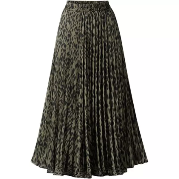 imagechouyatou Womens Elastic Waist Leopard Print ALine Pleated Swing Midi Length Full SkirtGreenleopard
