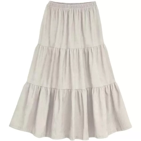 imagechouyatou Womens Elegant Corduroy Ruffle Midi Long Skirt Elastic Waist Flounce Hem Swing Tiered SkirtBeige