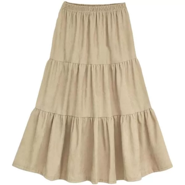 imagechouyatou Womens Elegant Corduroy Ruffle Midi Long Skirt Elastic Waist Flounce Hem Swing Tiered SkirtKhaki