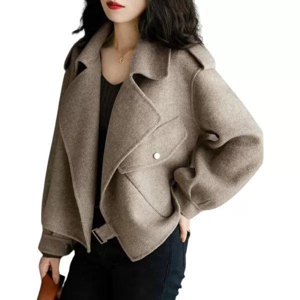 imagechouyatou Womens Fall Casual Cropped Wool Coat Open Front Loose Dressy Blazer Jacket Short Trench CoatBrown