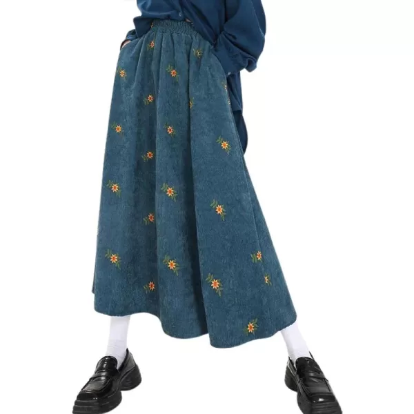 imagechouyatou Womens Fall Cute Floral Printed Elastic High Waist A Line Corduroy Long Midi Skirt with PocketsBlue