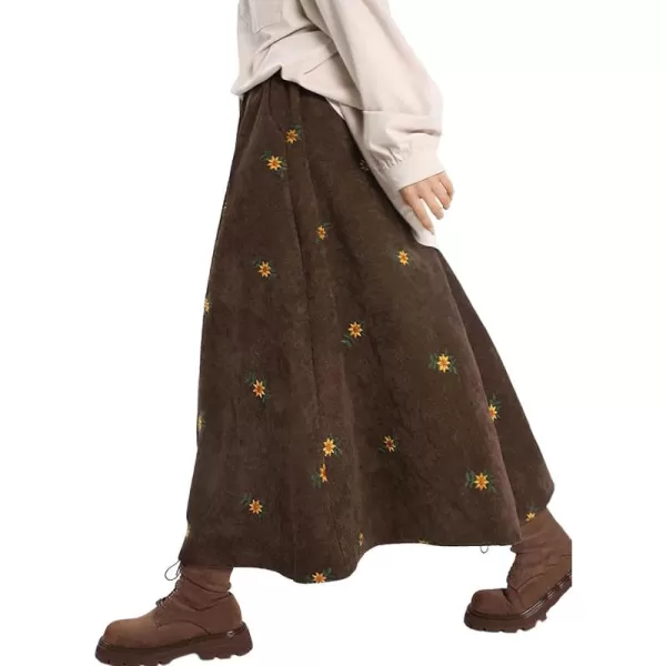 imagechouyatou Womens Fall Cute Floral Printed Elastic High Waist A Line Corduroy Long Midi Skirt with PocketsBrown