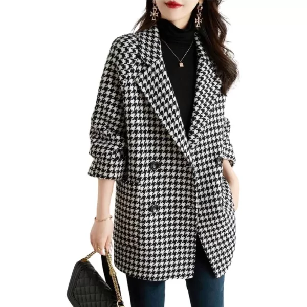imagechouyatou Womens Fall Winter Casual Business Plaid Wool Coat Loose Double Breasted Dressy Blazer Pea CoatPlaid Black