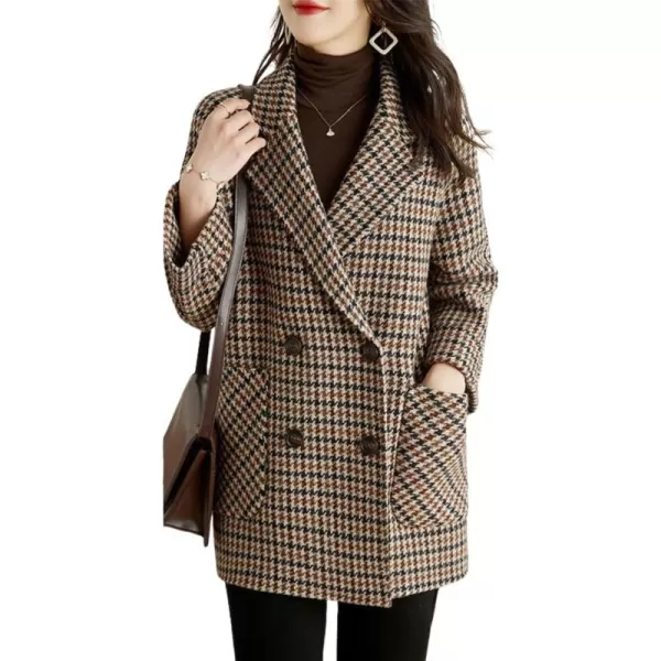 imagechouyatou Womens Fall Winter Casual Business Plaid Wool Coat Loose Double Breasted Dressy Blazer Pea CoatPlaid Brown