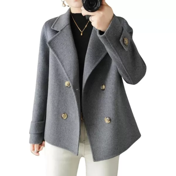 imagechouyatou Womens Fall Winter Casual Business Wool Blend Coat Loose Double Breasted Dressy Blazer Pea CoatGrey
