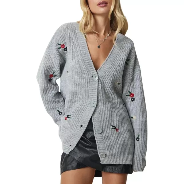 imagechouyatou Womens Floral Embroidered Cardigans Button Down VNeck Knit Cardigan Sweater Coat OuterwearGray
