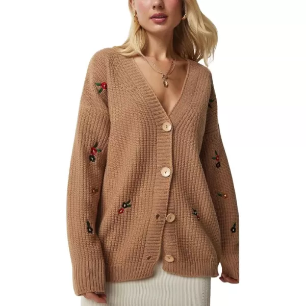imagechouyatou Womens Floral Embroidered Cardigans Button Down VNeck Knit Cardigan Sweater Coat OuterwearKhaki