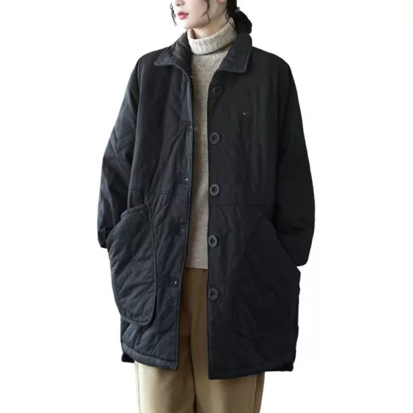 imagechouyatou Womens Midi Long Quilted Jacket Shacket Casual Oversized Puffer Jacket Winter CoatBlack
