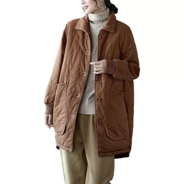 imagechouyatou Womens Midi Long Quilted Jacket Shacket Casual Oversized Puffer Jacket Winter CoatBrown