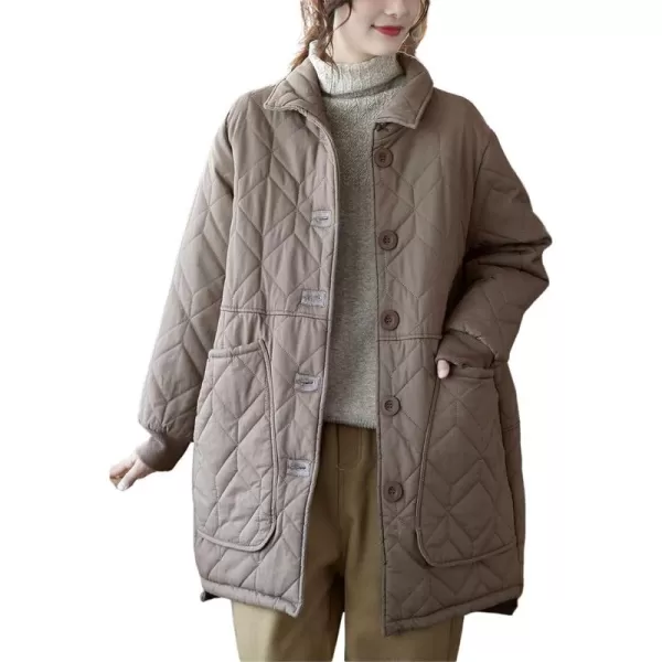 imagechouyatou Womens Midi Long Quilted Jacket Shacket Casual Oversized Puffer Jacket Winter CoatKhaki