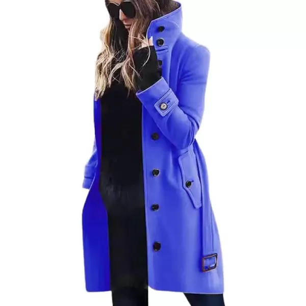 imagechouyatou Womens Single Breasted Stand Collar Wool Coat Business Casual Midi Long Winter Pea CoatBlue