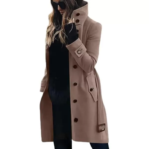 imagechouyatou Womens Single Breasted Stand Collar Wool Coat Business Casual Midi Long Winter Pea CoatKhaki