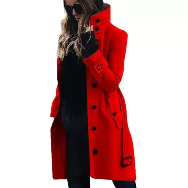 imagechouyatou Womens Single Breasted Stand Collar Wool Coat Business Casual Midi Long Winter Pea CoatRed