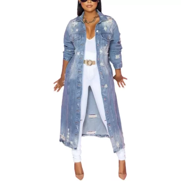 imagechouyatou Womens Spring Fashion Ripped Holes Maxi Long Denim Jacket Trench CoatBlue