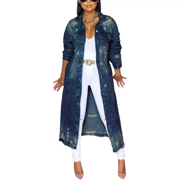 imagechouyatou Womens Spring Fashion Ripped Holes Maxi Long Denim Jacket Trench CoatDark Blue