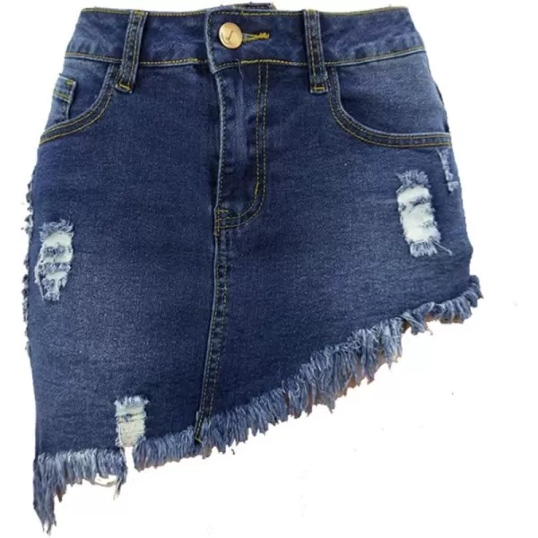 imagechouyatou Womens Stretch Fit 5Pocket Irregular Frayed Hem Mini Denim Jean SkirtDark Blue