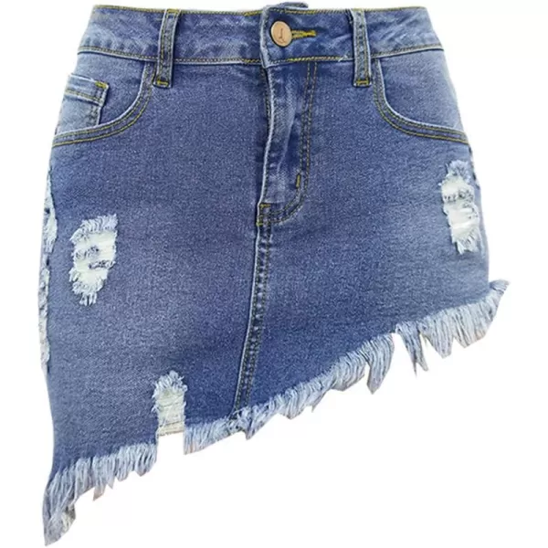 imagechouyatou Womens Stretch Fit 5Pocket Irregular Frayed Hem Mini Denim Jean SkirtLight Blue