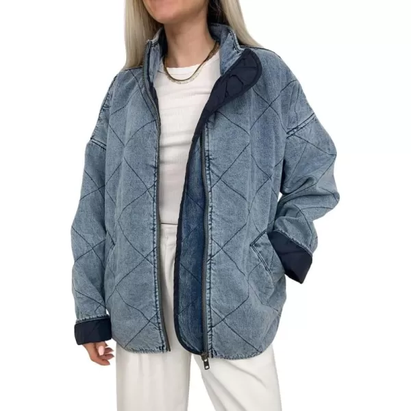 imagechouyatou Womens Vintage Quilted Denim Jacket Shacket Oversized Zip Up Puffer Jacket Winter CoatBlue