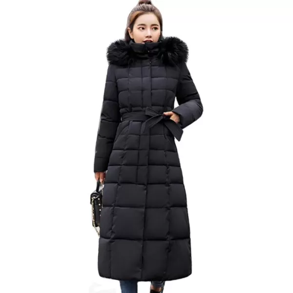 imagechouyatou Womens Warm Belted Maxi Long Padded Winter Coat Removable Fur HoodBlack