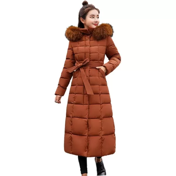 imagechouyatou Womens Warm Belted Maxi Long Padded Winter Coat Removable Fur HoodBrown