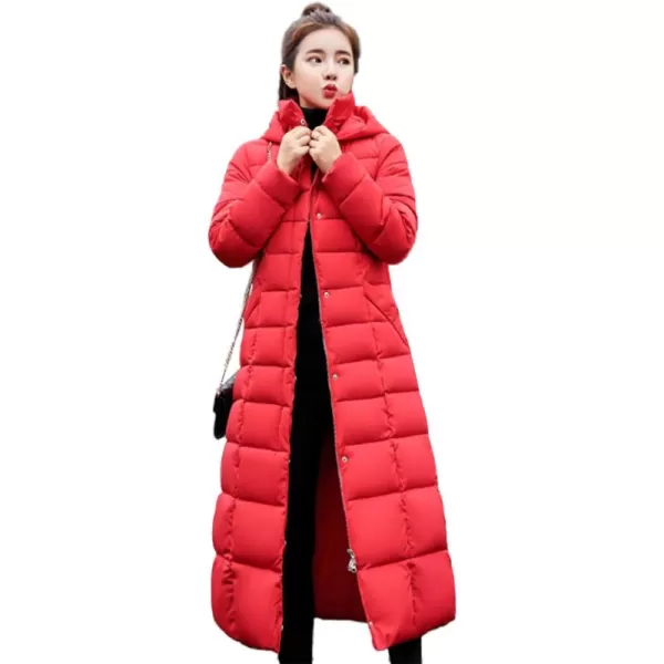 imagechouyatou Womens Warm Belted Maxi Long Padded Winter Coat Removable Fur HoodRed