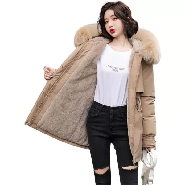 imagechouyatou Womens Windproof Sherpa Lined Faux Fur Hood Winter Parka Coat JacketKhaki