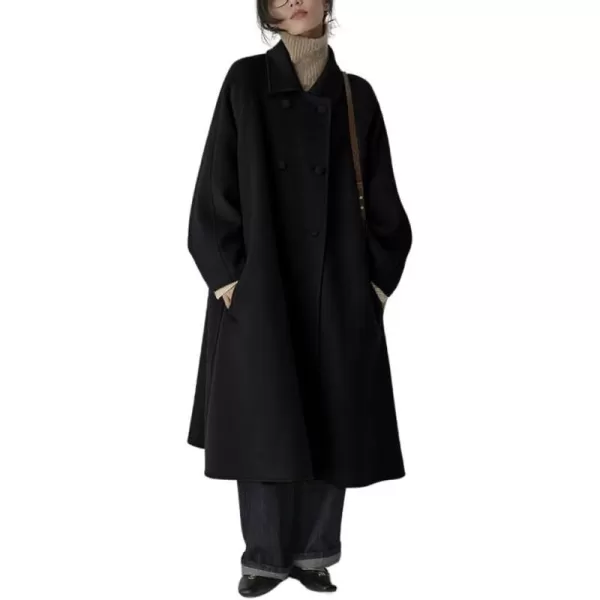 imagechouyatou Womens Winter Business Casual Wool Coat Double Breasted Midi Long Wool Trench CoatBlack