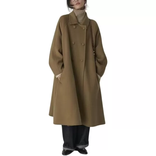 imagechouyatou Womens Winter Business Casual Wool Coat Double Breasted Midi Long Wool Trench CoatKhaki