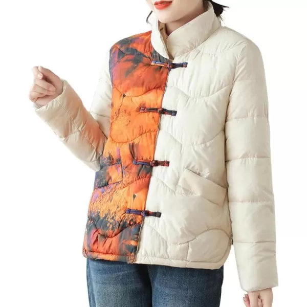 imagechouyatou Womens Winter Color Block Frog Button Down Quilted Jacket Vintage Floral Pattern Warm Puffy Down CoatBeige