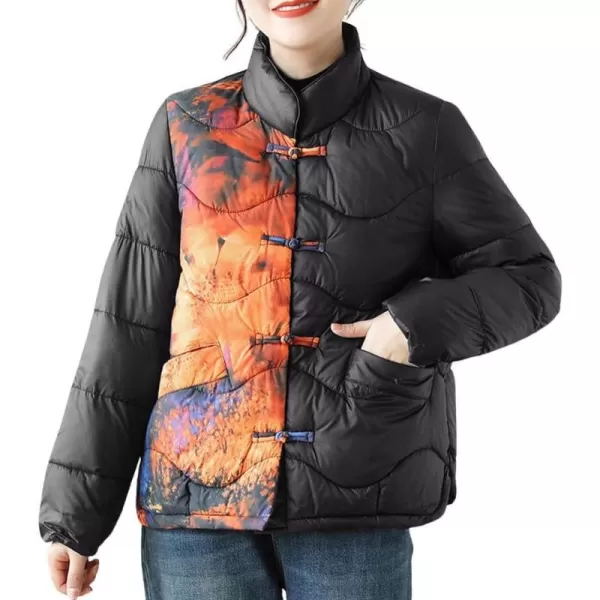 imagechouyatou Womens Winter Color Block Frog Button Down Quilted Jacket Vintage Floral Pattern Warm Puffy Down CoatBlack