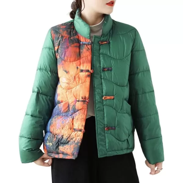imagechouyatou Womens Winter Color Block Frog Button Down Quilted Jacket Vintage Floral Pattern Warm Puffy Down CoatGreen