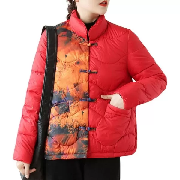 imagechouyatou Womens Winter Color Block Frog Button Down Quilted Jacket Vintage Floral Pattern Warm Puffy Down CoatRed