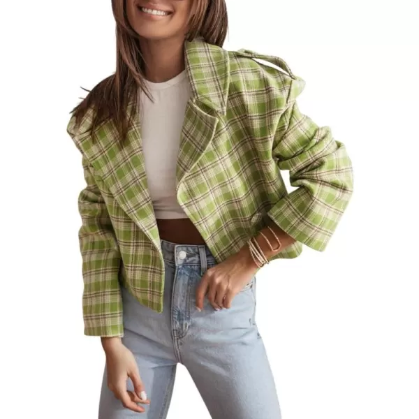 imagechouyatou Womens Winter Double Breasted Plaid Wool Blazer Jacket Business Short Wool Pea CoatGreen