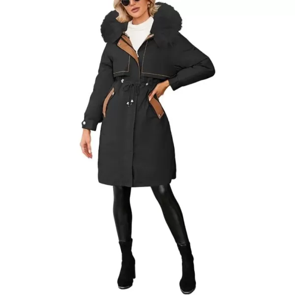 imagechouyatou Womens Winter Puffer Coat Windproof Long Faux Fur Hooded Parka JacketBlack