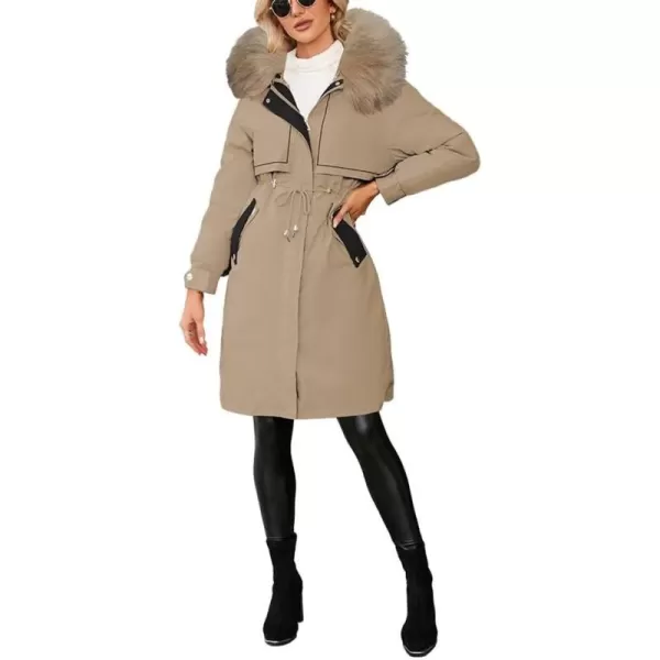 imagechouyatou Womens Winter Puffer Coat Windproof Long Faux Fur Hooded Parka JacketKhaki