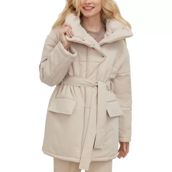 imagechouyatou Womens Winter Stand Collar Belted Mid Long Puffer Jacket Quilted Down Puffer CoatBeige
