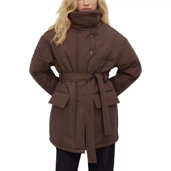 imagechouyatou Womens Winter Stand Collar Belted Mid Long Puffer Jacket Quilted Down Puffer CoatBrown