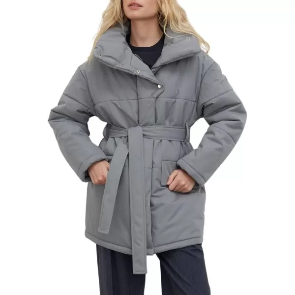 imagechouyatou Womens Winter Stand Collar Belted Mid Long Puffer Jacket Quilted Down Puffer CoatGrey
