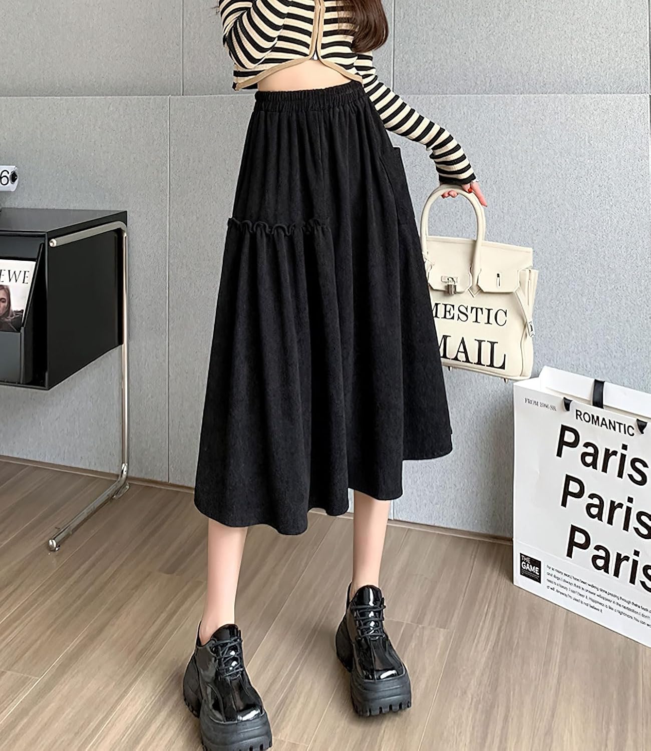 imagechouyatou Womens Elastic Waist Corduroy Skirts Vintage Frill ALine Pocket Corduroy Midi Long SkirtBlack