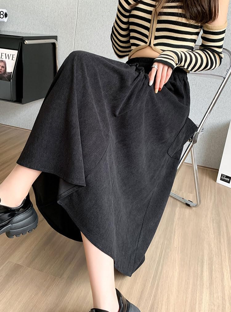 imagechouyatou Womens Elastic Waist Corduroy Skirts Vintage Frill ALine Pocket Corduroy Midi Long SkirtBlack
