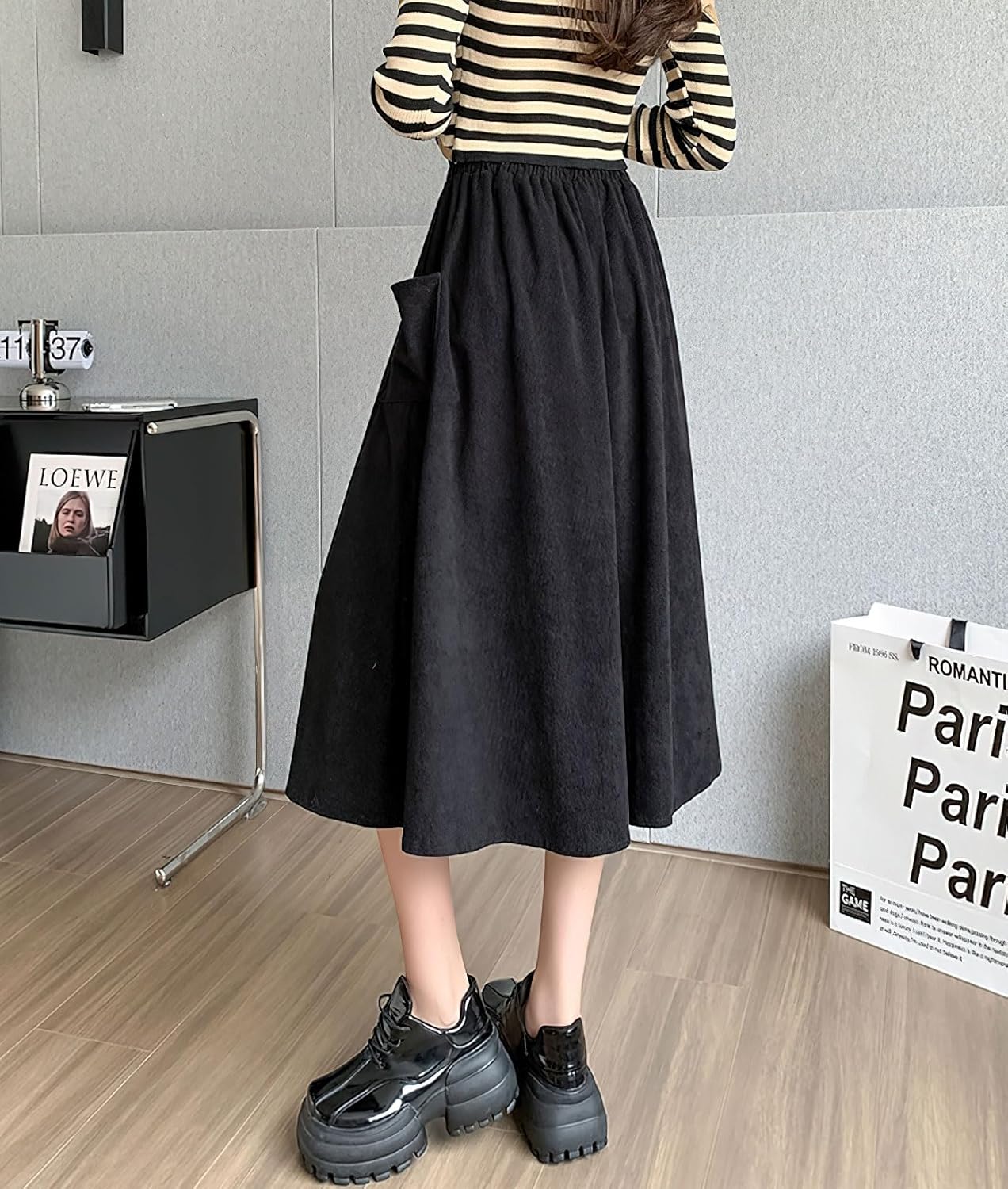imagechouyatou Womens Elastic Waist Corduroy Skirts Vintage Frill ALine Pocket Corduroy Midi Long SkirtBlack