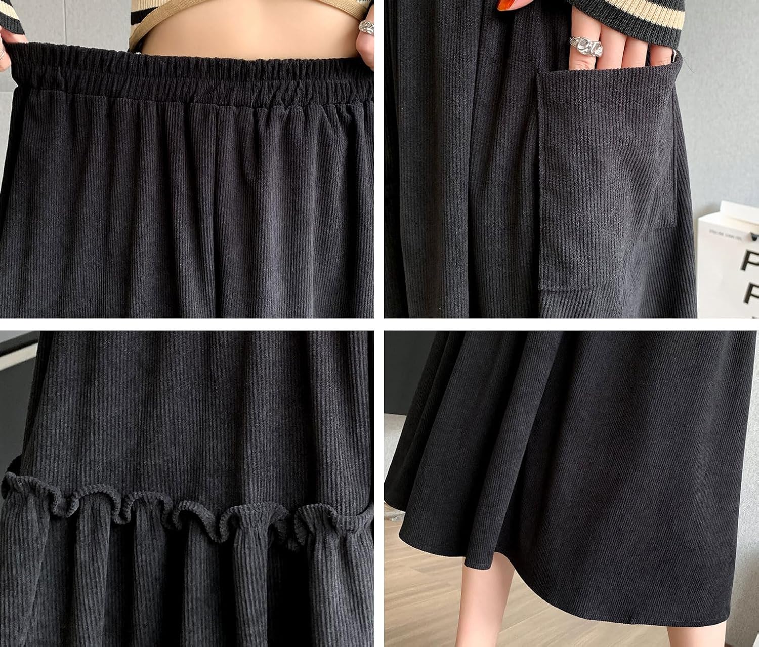 imagechouyatou Womens Elastic Waist Corduroy Skirts Vintage Frill ALine Pocket Corduroy Midi Long SkirtBlack