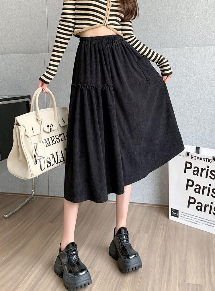 imagechouyatou Womens Elastic Waist Corduroy Skirts Vintage Frill ALine Pocket Corduroy Midi Long SkirtBlack