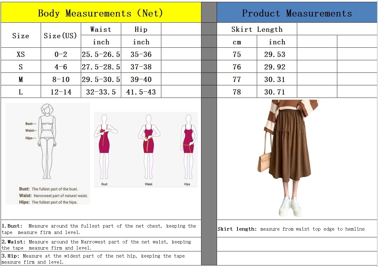 imagechouyatou Womens Elastic Waist Corduroy Skirts Vintage Frill ALine Pocket Corduroy Midi Long SkirtBlack